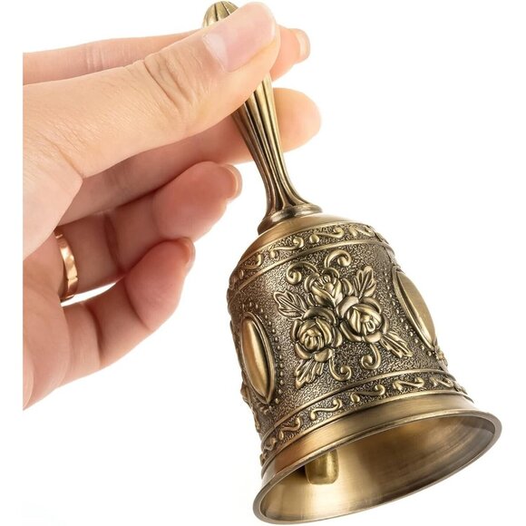 Hand Bell Call Bell Brass Wedding Christmas Bell Floral Design Vintage Style - Picture 3 of 6